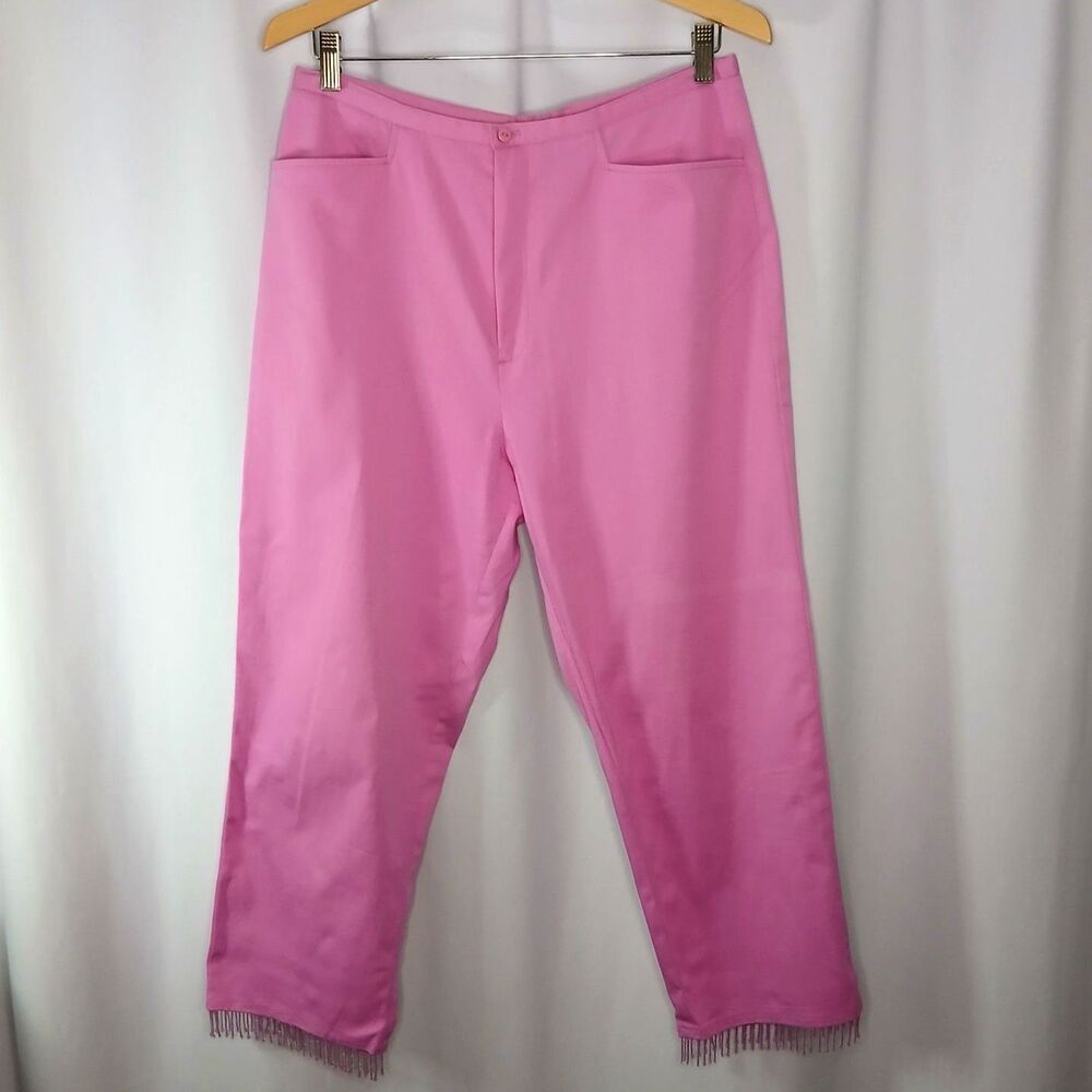 David Paul High Rise Cropped Pants Beaded Fringe Stretch Pockets Pink Womens 12